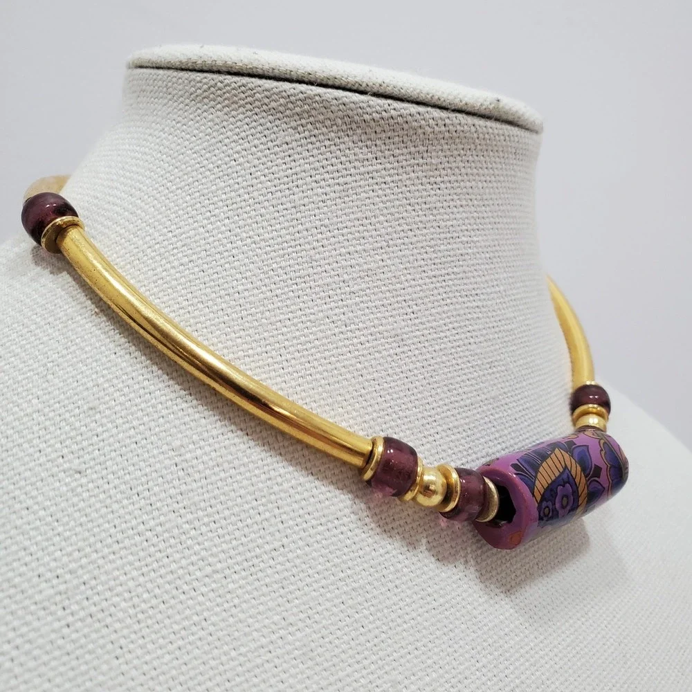 Vtg Omega Style Statement Choker Necklace Goldtone Clay, Metal & Glass Beads